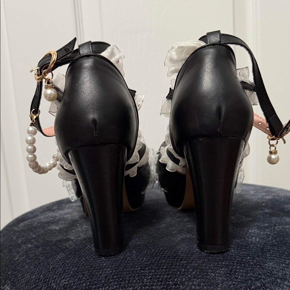 Mary Jane Pumps Lolita Black Heel Buckle Bow Round Toe Platform - Picture 3 of 4
